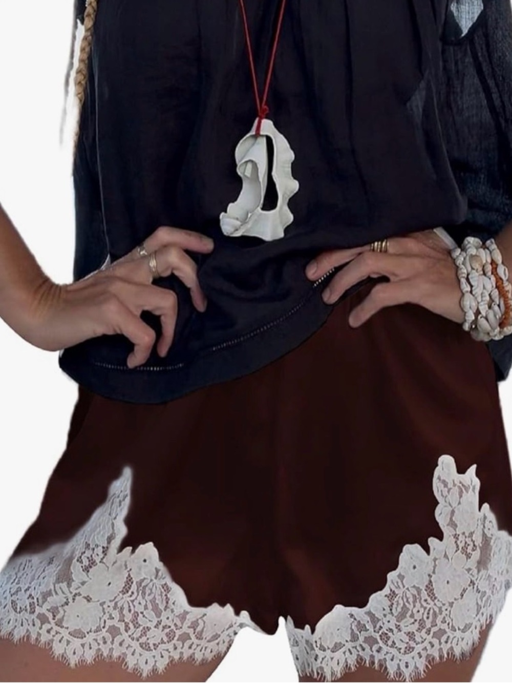 Women's Brown Lace-Hem Shorts